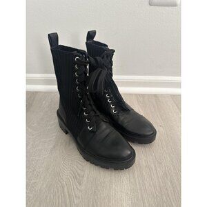 Zara Combat Boots Womens Size 37 Lace Up Ribbed Knit Panel Chunky Sole Shoes